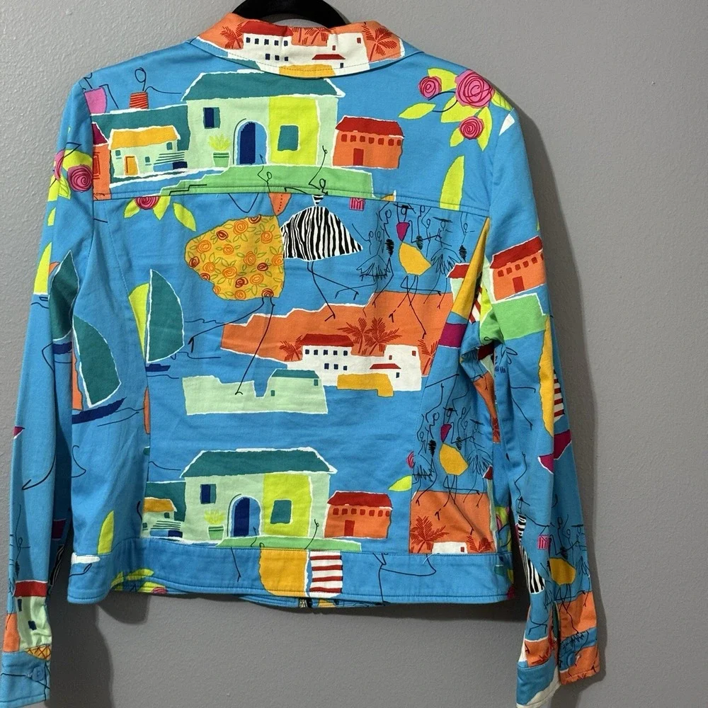 Vtg Women's Jacket Coat Sz 12 Funky Art To Wear Full Zip Houses Boats Travel 90s